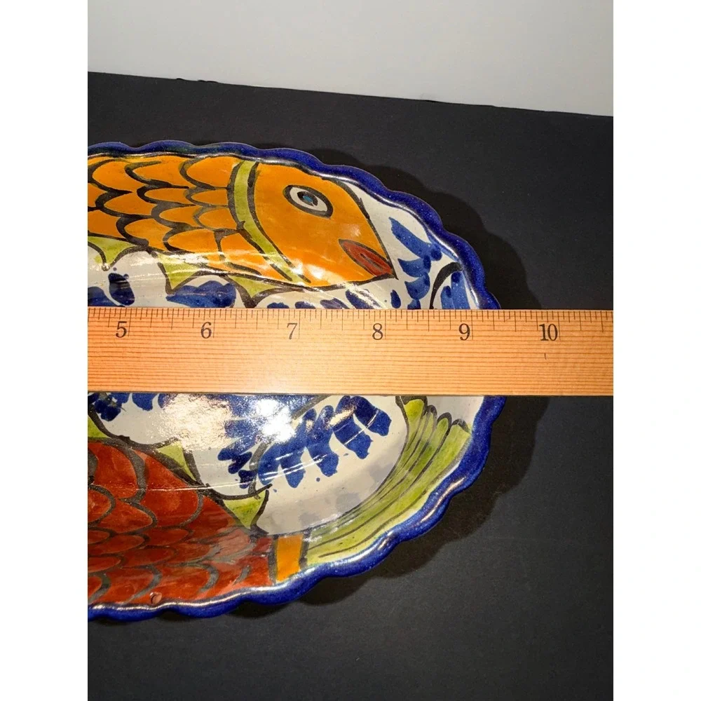 Talavera Mexican Pottery Fish Oval Serving Bowl Scalloped Rim Hand Painted 9.5in